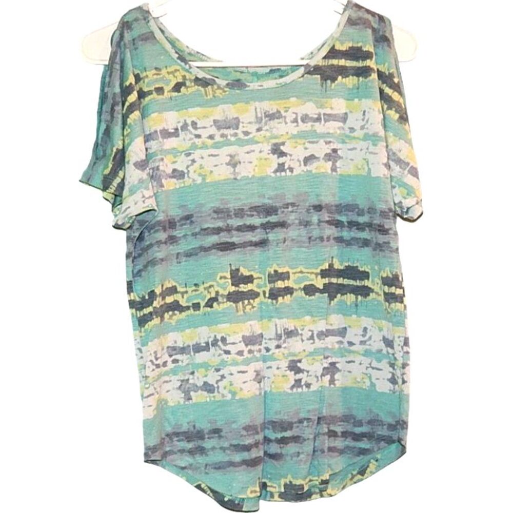 Mudd women’s x‑small teal abstract stripe cold‑shoulder slit t‑shirt